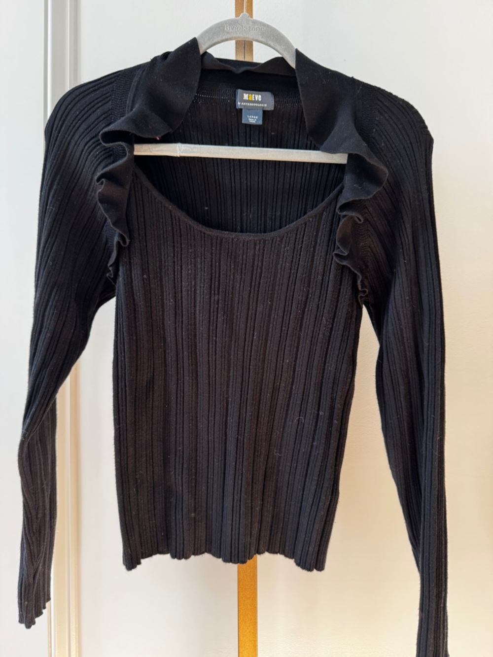 Mauve by Anthropologie Black Ribbed Long-Sleeve Top with Ruffle Trim sz large